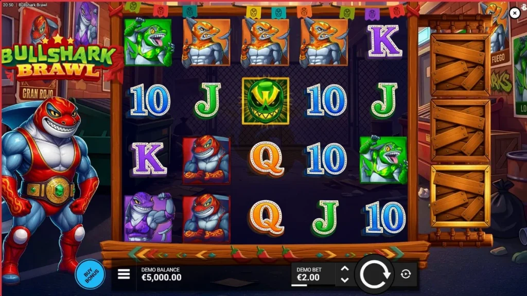 Bullshark Brawl slot theme featuring luchador sharks in a wrestling ring