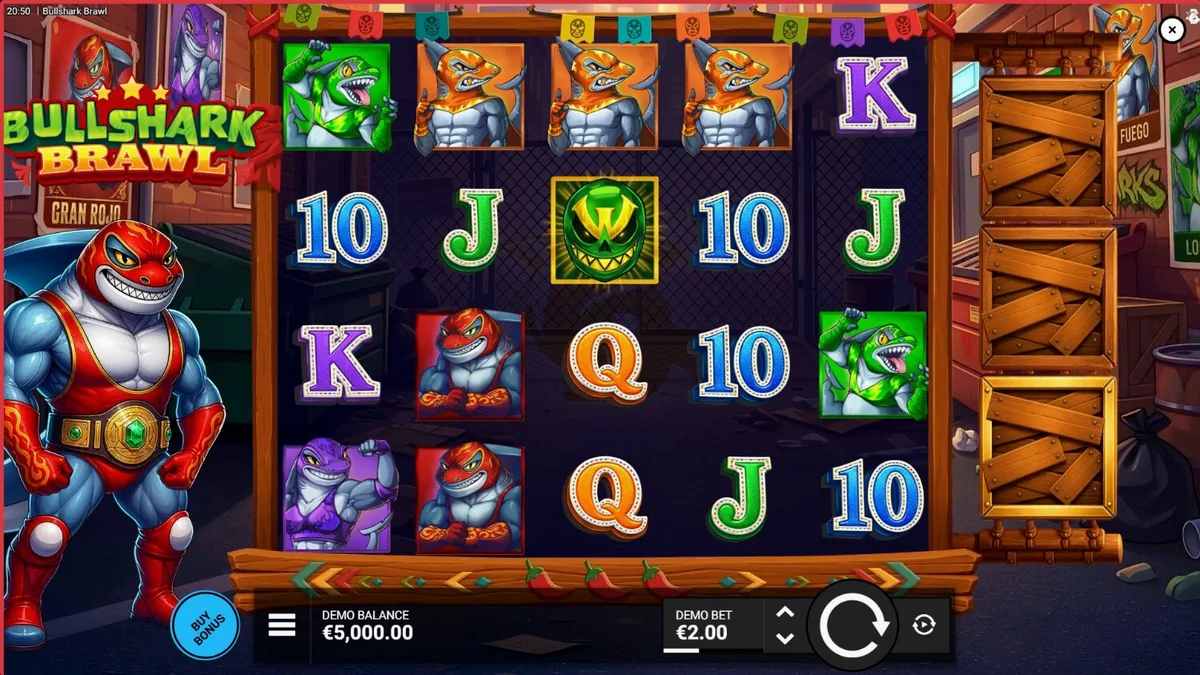 Bullshark Brawl slot theme featuring luchador sharks in a wrestling ring