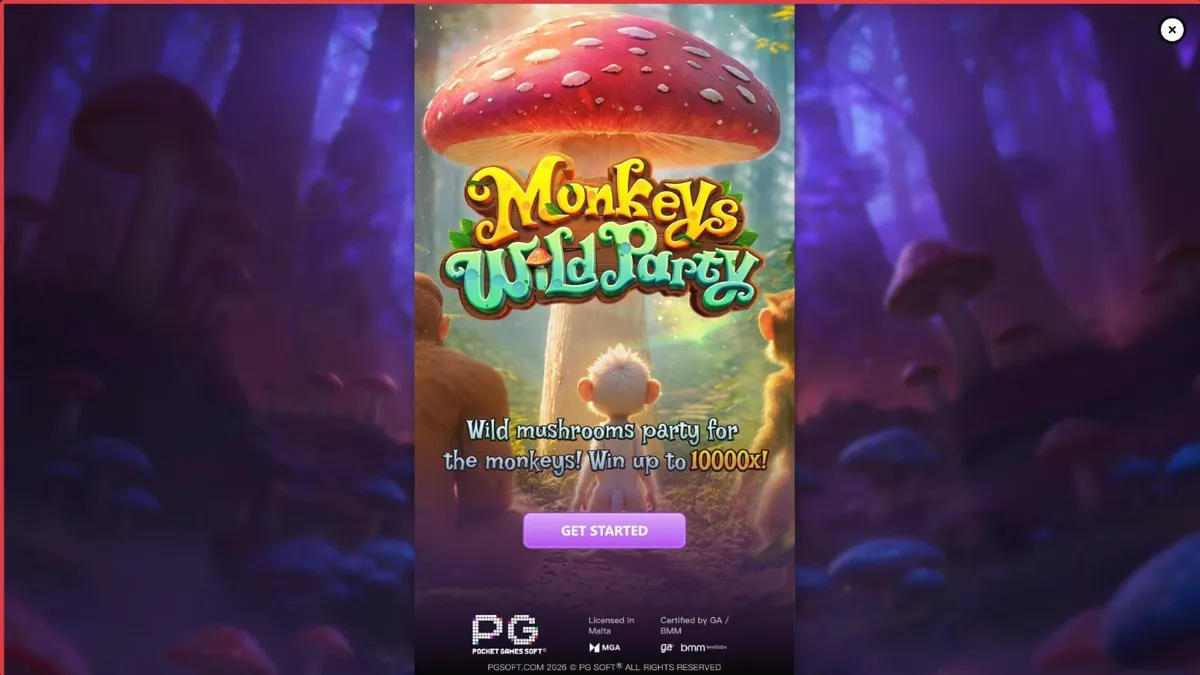Monkeys Wild Party slot game interface featuring jungle monkeys and neon mushrooms